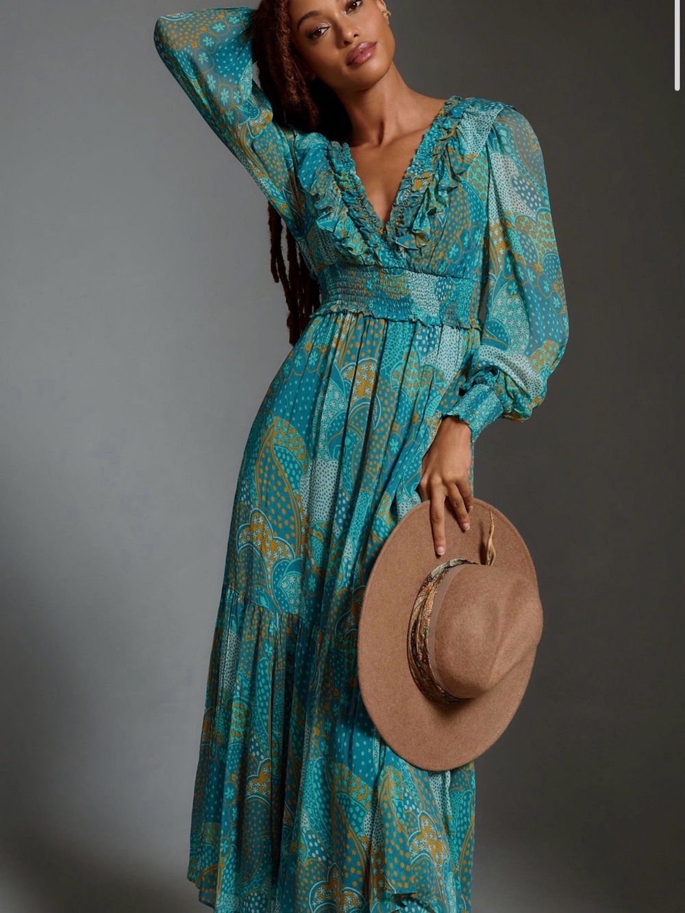 Anthropologie Odetta Ruffled V-Neck Maxi Dress Blue Turquoise Size LP